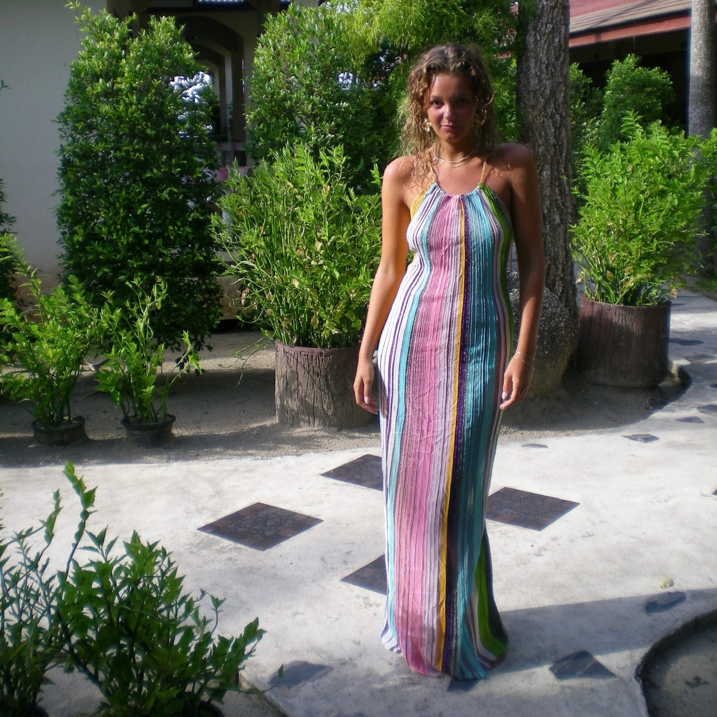 METALLIC STRIPED CROCHET-KNIT HALTERNECK MAXI DRESS