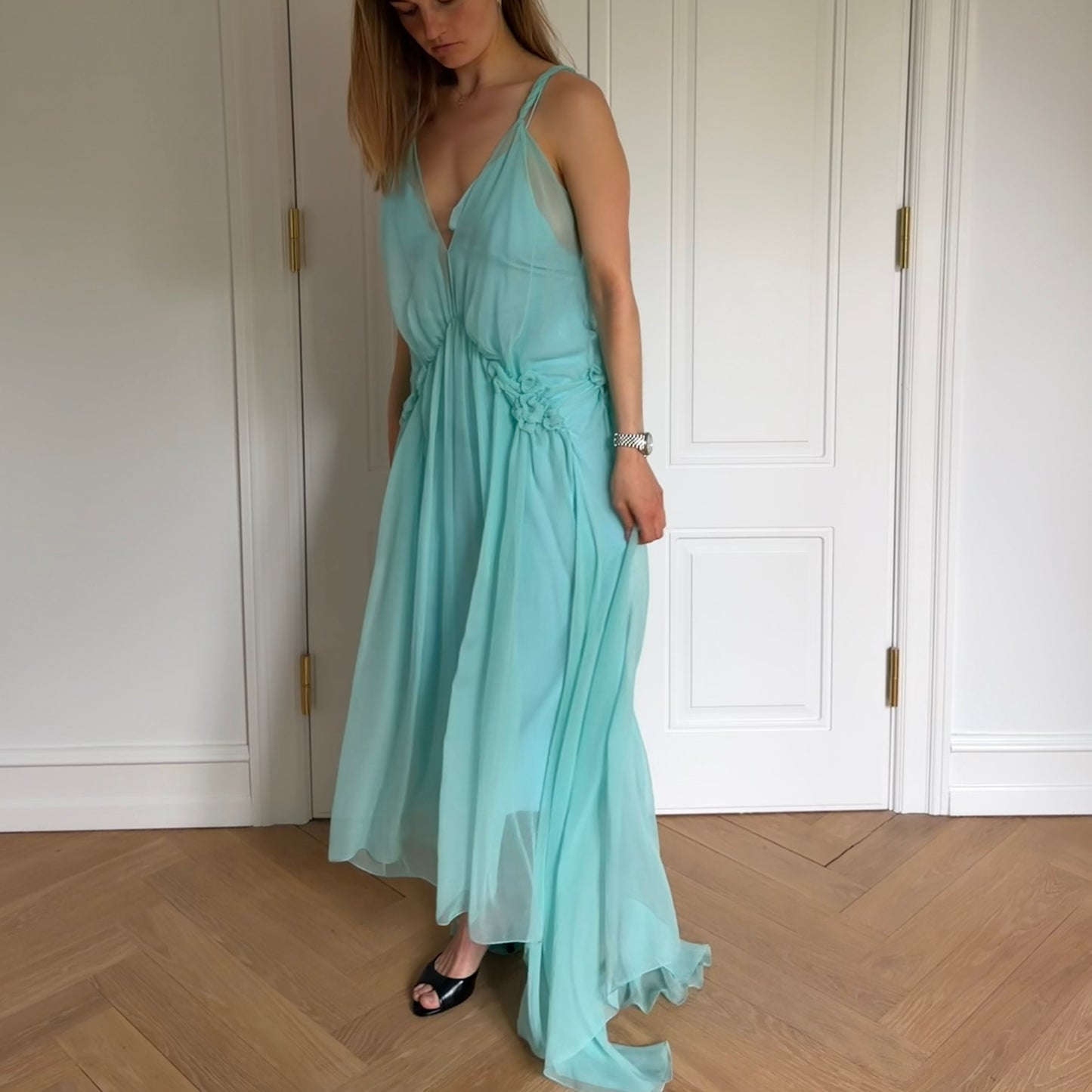 Draped Silk Chiffon Long Dress